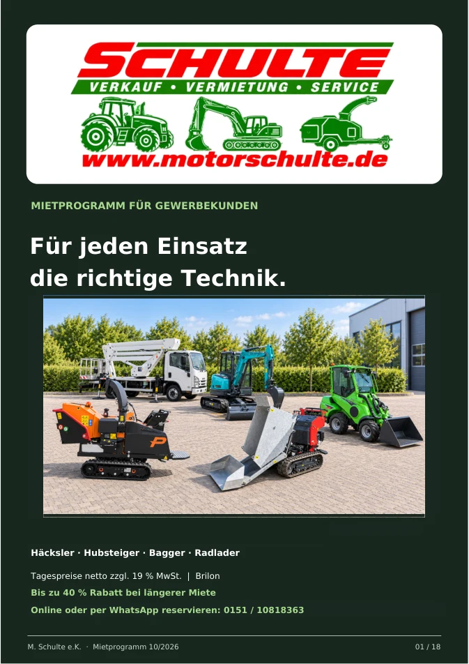Titel der Mietbroschüre von M. Schulte e.K. mit Häcksler, Hubsteiger, Bagger, Avant und Allweg-Transporter